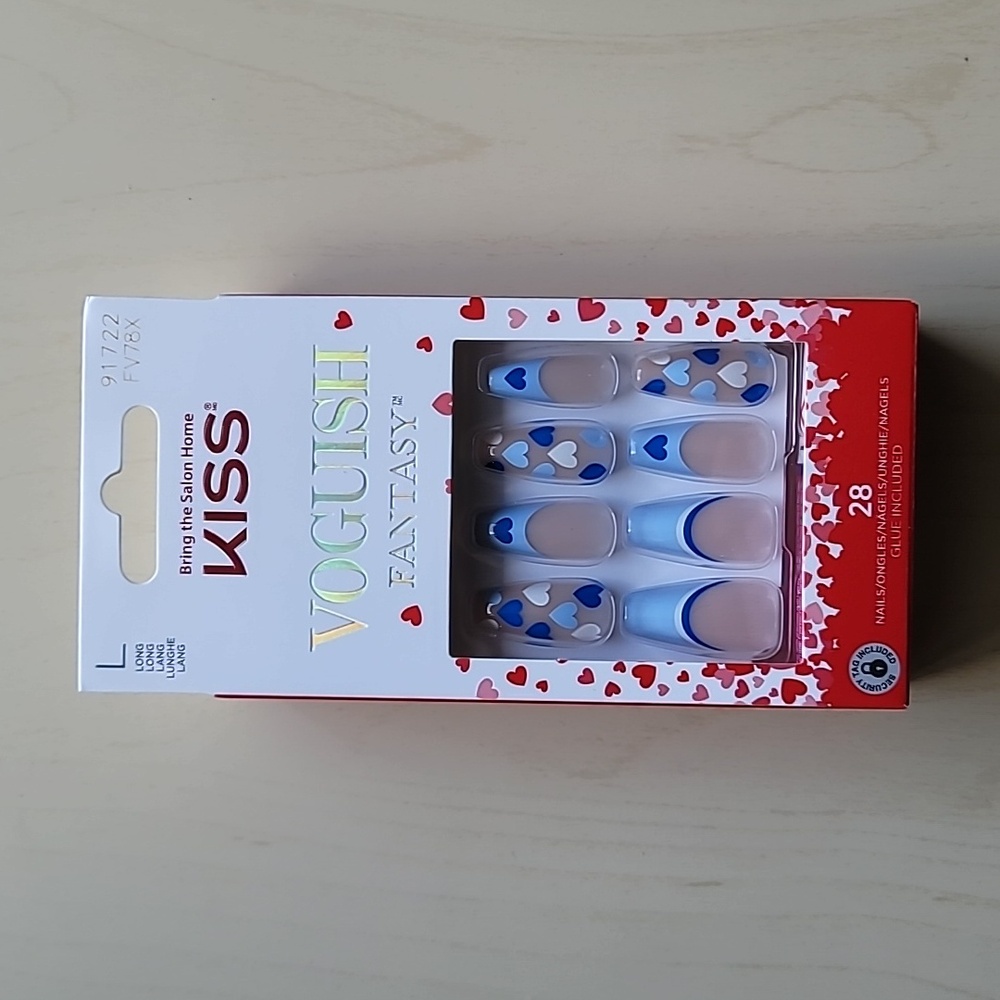 KISS Voguish Long Length Glue on Nails Blue White Hearts French New in box